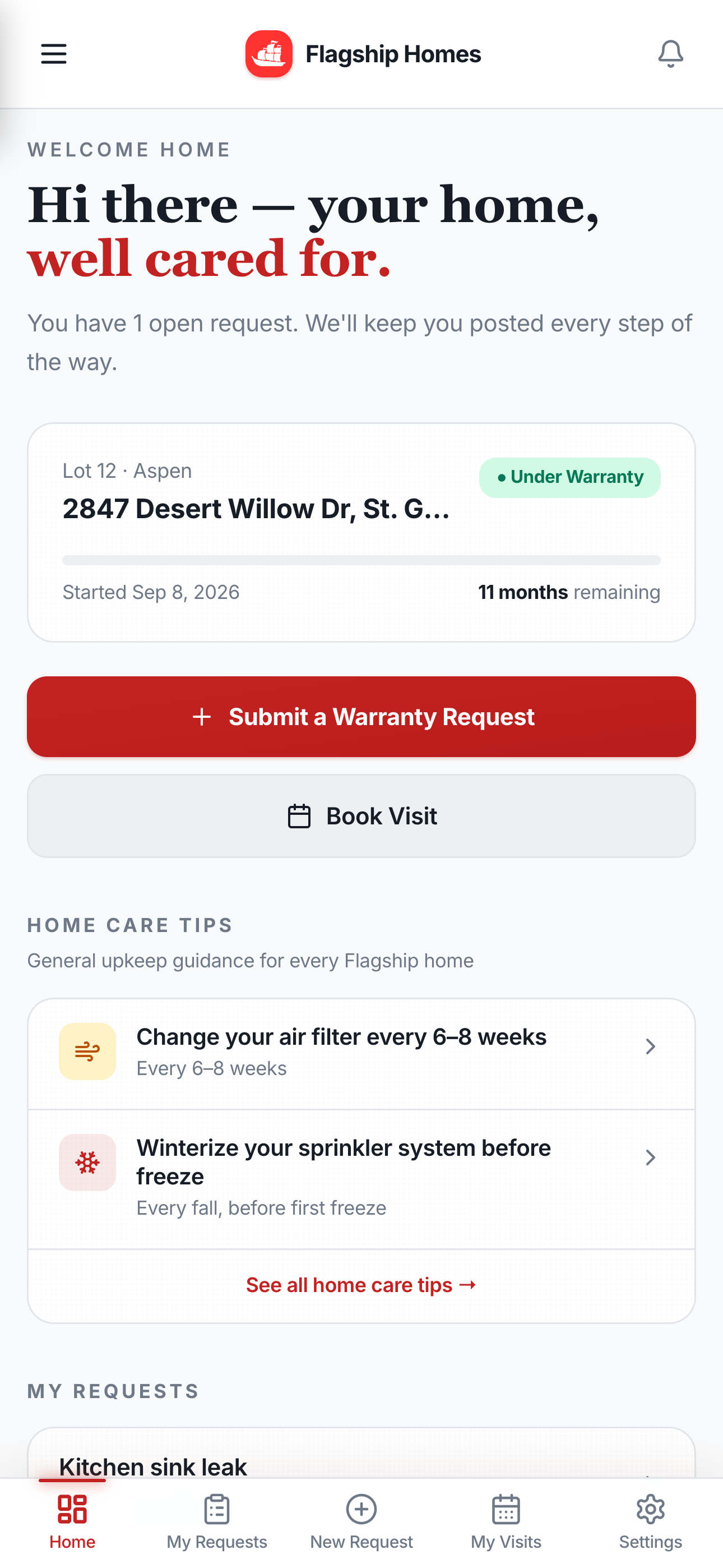 Cornerstone home dashboard — warranty coverage, days remaining, and quick actions