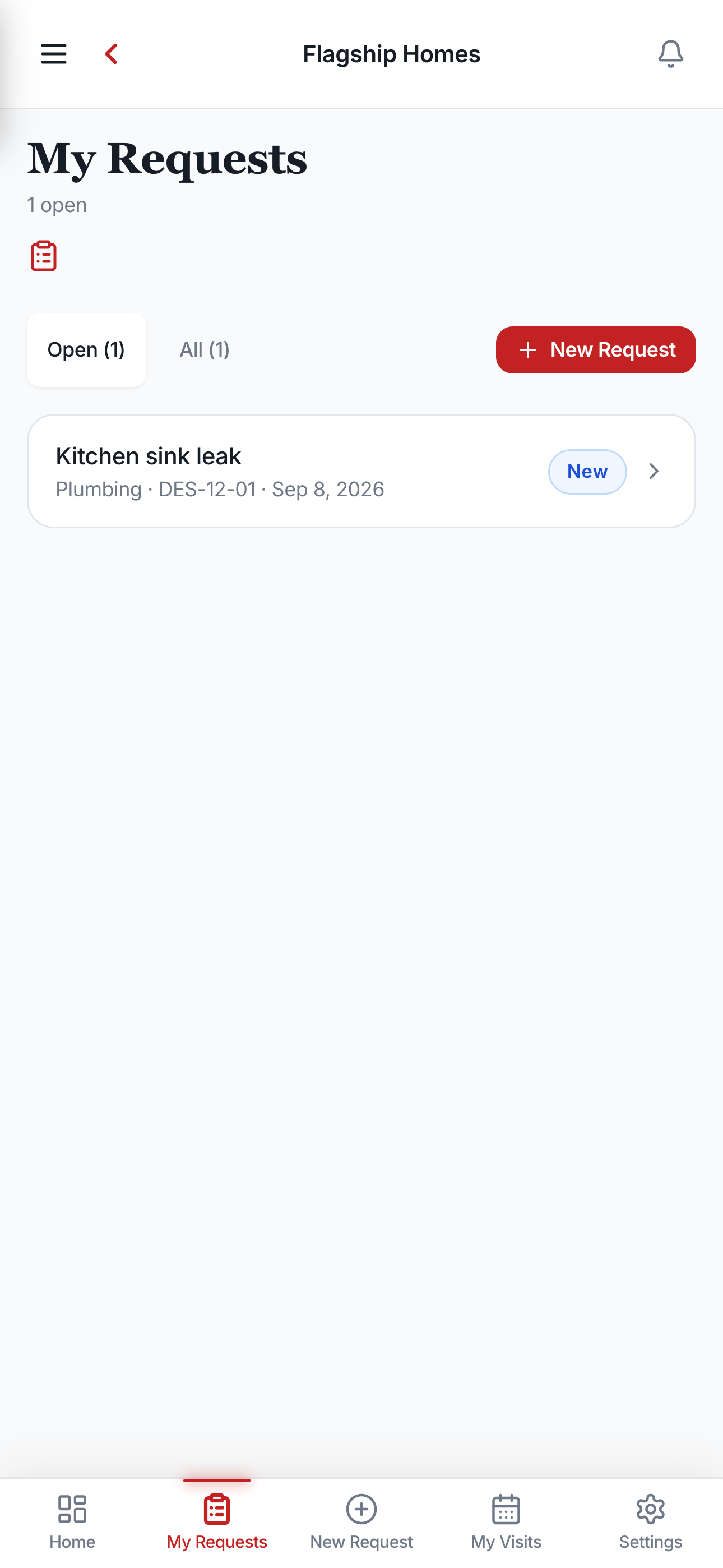 My Requests — every warranty request with its live status