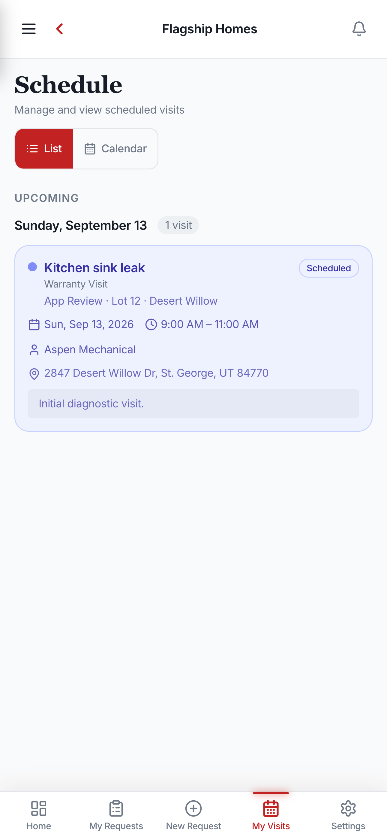 Schedule — upcoming service visits with time, technician, and address