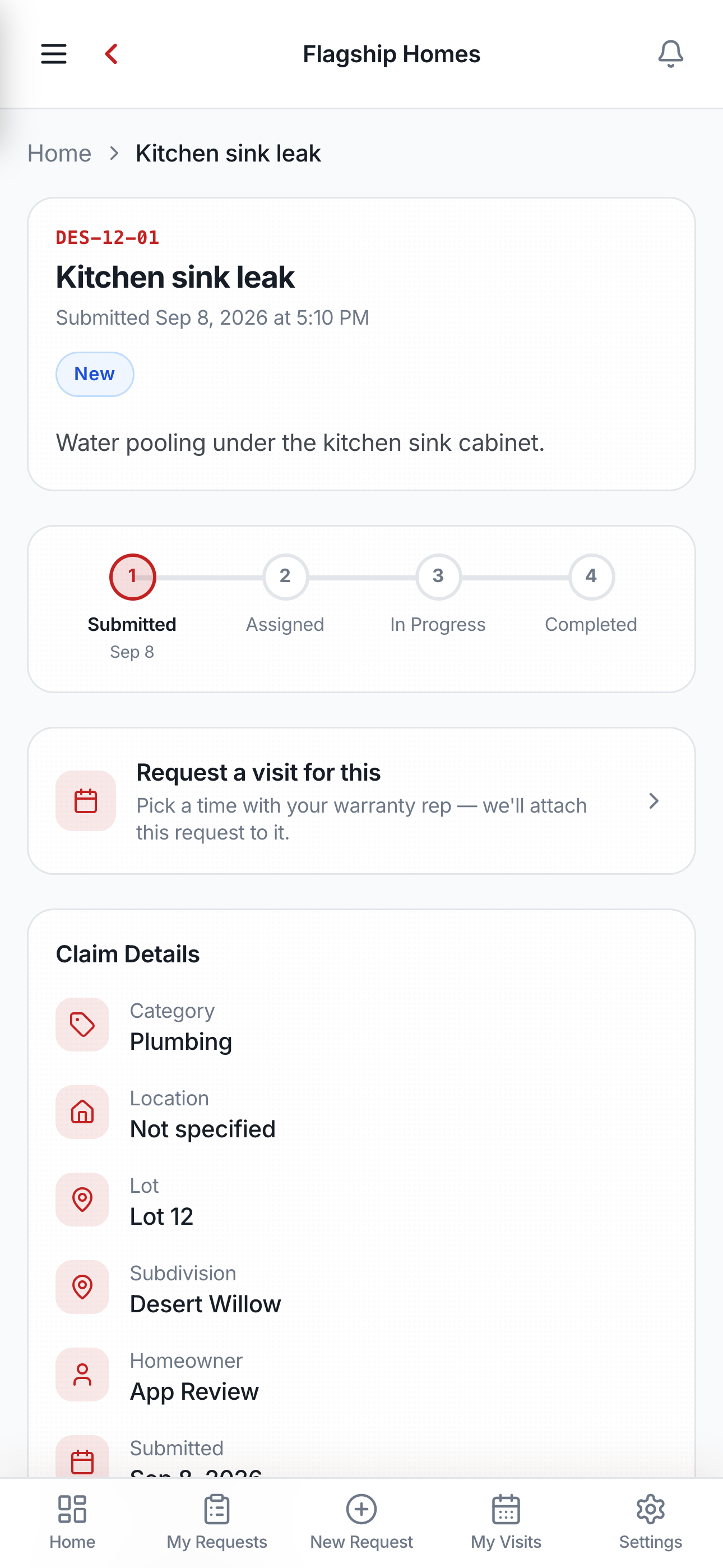 Request detail with a live status timeline — submitted, assigned, in progress, completed